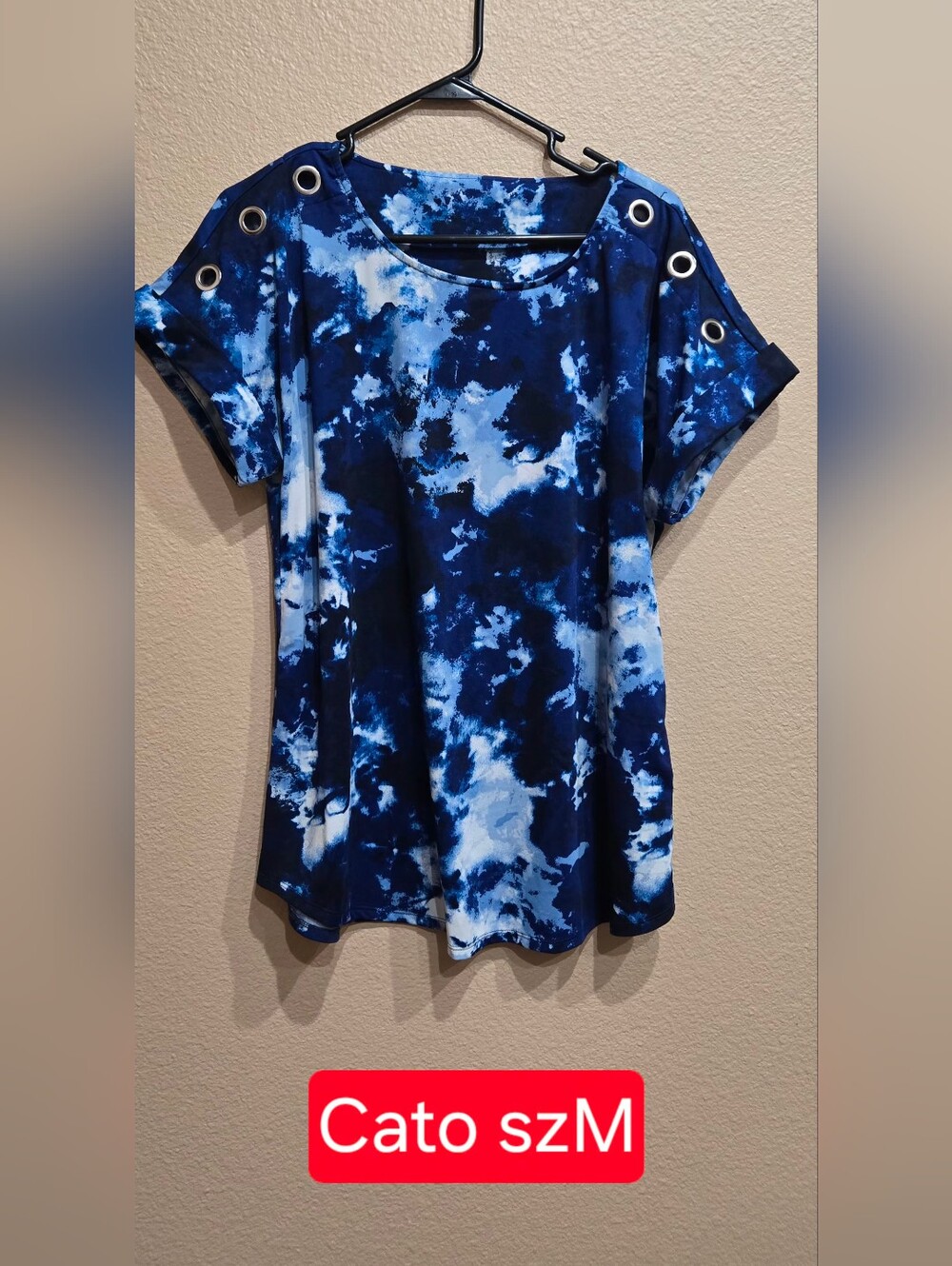 Cato Blue Tie-Dye Short Sleeve Blouse with Grommet Detail